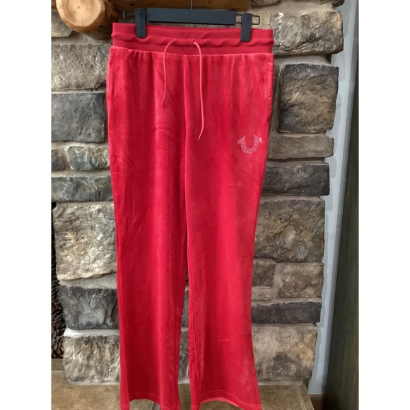 True Religion Pants - True Religion Womens Velour Straight Leg Sweatpants Red Rhinestone Logo XS New